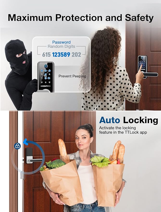 GEONFINO Smart Door Lock, Sliver Keyless Entry Lock with Handle, Front Door Lock with Keypad, Fingerprint Safe Lock with Bluetooth, App Electronic Door Locks for Front Door, Home