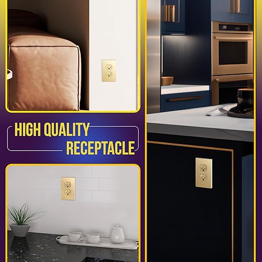 ENERLITES Elite Series Duplex Receptacle, Residential Grade Wall Outlet, Duplex Electrical Outlet, Self-Grounding, 3-Wire, 2-Pole, 15A 125V, UL Listed, 61580-GD, Gold