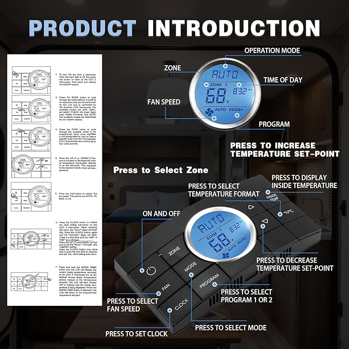 3314082.000 RV Thermostat - 10-Button Multi-Zone Control for Dometic CCC2 - Fits AC Series 579/595/600/6308 - Digital RV AC/Heat Thermostat - Black
