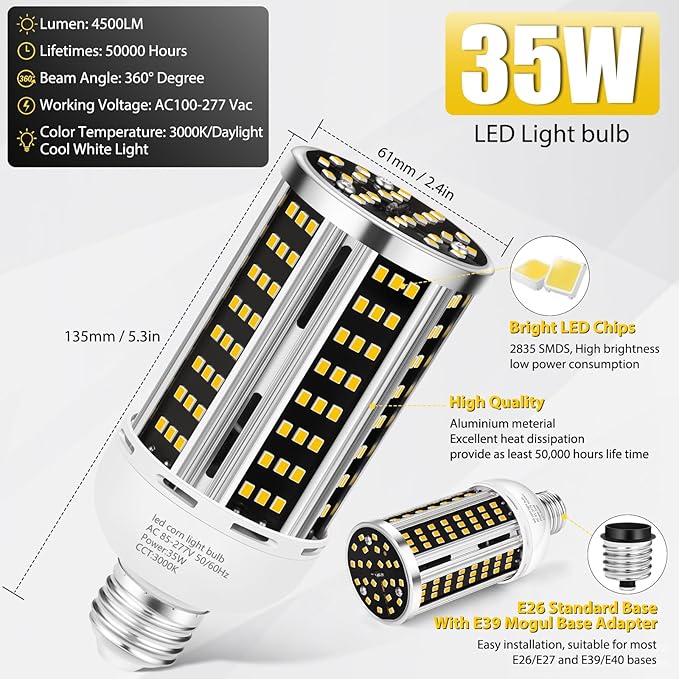 35W 2 pack LED Corn Light Bulb,3000K Warm White(300W Equivalent ) Commercial Grade E26/E39 5000LM Medium Mogul Base LED Lamp,Large Area Lights For Outdoor Indoor Garage supermarket Factory Bay Light