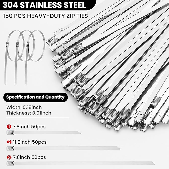 Stainless Steel Cable Tie Gun Set – Heavy Duty Metal Zip Tie Tool Kit - 150PCS Self-Locking Ties, Adjustable Fastening & Cutting Tool for Outdoor Fencing, Automotive, Exhaust Pipes (Black)