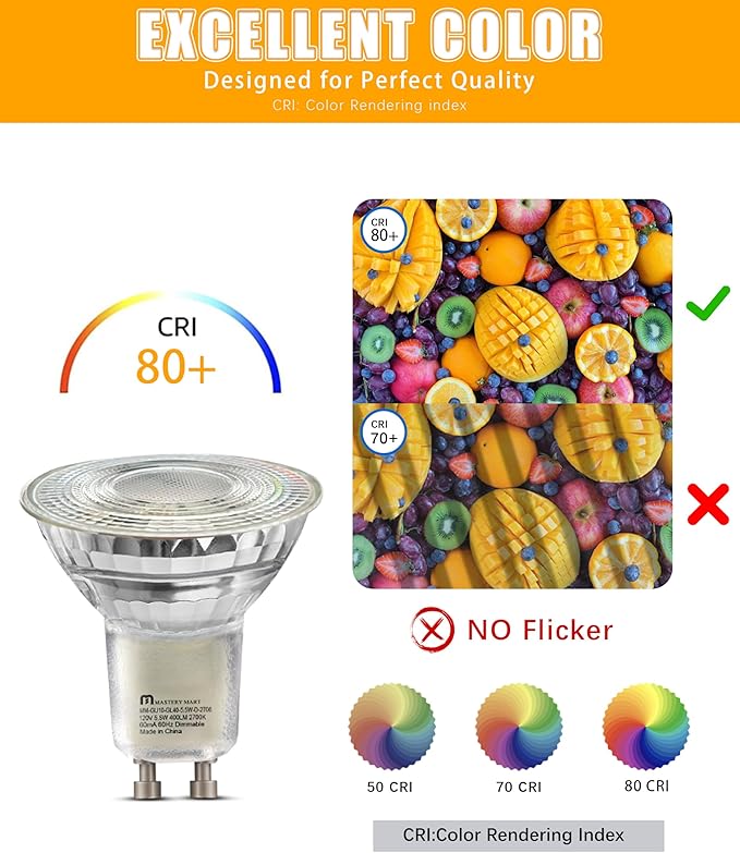 MASTERY MART 90 Pack GU10 LED Light Bulbs, 50 Watt Halogen Equivalent, 5.5W Dimmable, MR16 Spot LED Flood Light Bulbs Replacement for Recessed Track Lighting, 2700K Soft White