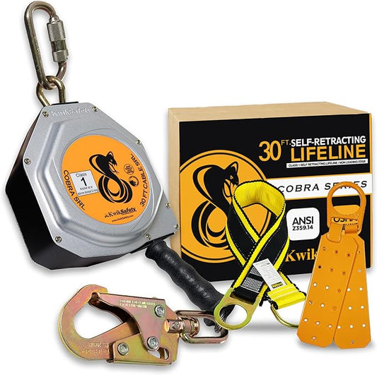 KwikSafety - Charlotte, NC - Cobra 30' KIT [Cable Self Retracting Lifeline + 3FT Cross Arm Strap + Roof Anchor] ANSI OSHA Class 1 Retractable Cable SRL Fall Arrest Construction Roofing PPE