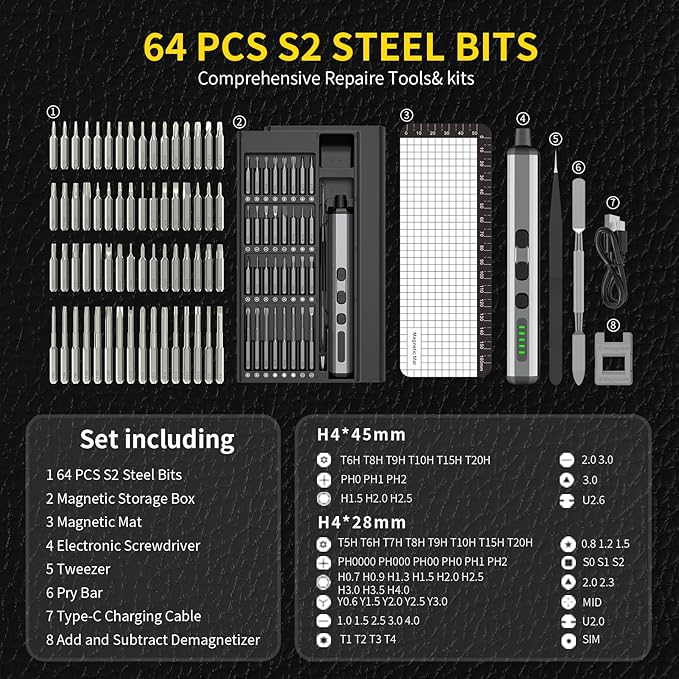 Mini Electric Screwdriver Set,3.7V Power Screwdriver Cordless Rechargeable,4 LED Lights,64 S2 Magnetic Bits,Magnetic Storage,Portable Repair Tool Kit for Electronics Watch Camera Phone Laptop (Grey)