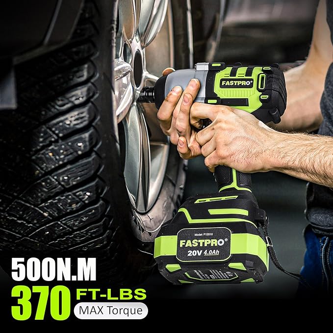 FASTPRO Cordless Impact Wrench, 1/2 Inch Brushless Impact Gun (500N.M) with 4.0 Ah Battery & Charger, Includes 4 Sockets and Storage Case – Ideal for Automotive and DIY Projects