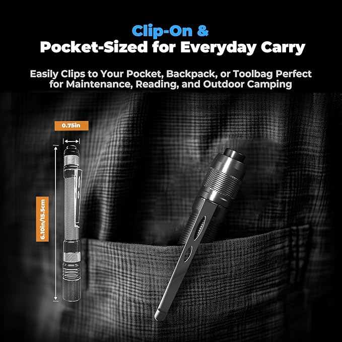 Rechargeable Pen Light Flashlight, 800LM Zoomable Pocket Flashlights with Clip Dual Modes LED Pen Flashlight Battery Powered Waterproof Bright Flashlights for Outdoor Home Emergencies (1, Black)