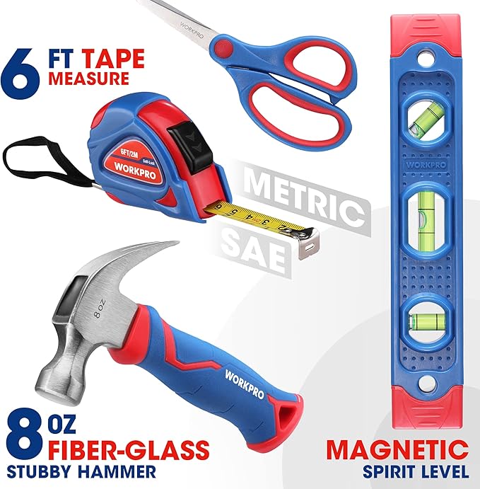 WORKPRO Kids Real Tool Set with 12 Inch Steel Tool Chest with Wheels, 10PCS Boys First Tool Set with 2 Drawers Blue Metal Rolling Tool Chest, Kids Woodworking Tools for DIY, Home Repair