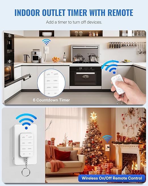 Remote Control Outlet with Timer, WILAWELS Indoor Outlet Timer with Remote, 100FT Wireless Control Range, 15A/1875W, Remote Outlet Switch Countdown Time for Household Appliances W13RC1106