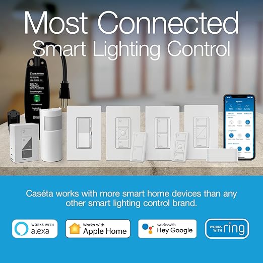 Lutron Caseta Deluxe Smart Light Switch Kit w/ Wall Plate and Smart Hub, Compatible w/ Alexa, Apple Home, Google Home, Single-Pole/3 Way, 5 Amp, P-BDG-PKG2WS-WH
