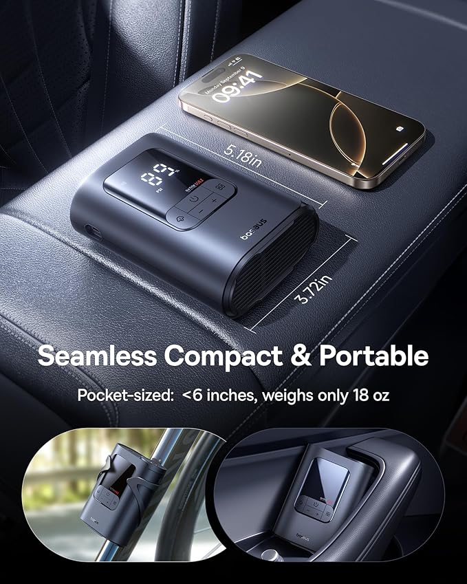 Baseus Tire Inflator Portable Air Compressor, 150PSI Cordless Air Pump for Car Tires, 2X Faster Electric Inflator with 7500 mAh Battery Capacity, LED Light Car Motorcycle Bicycle Ball, Car Accessories