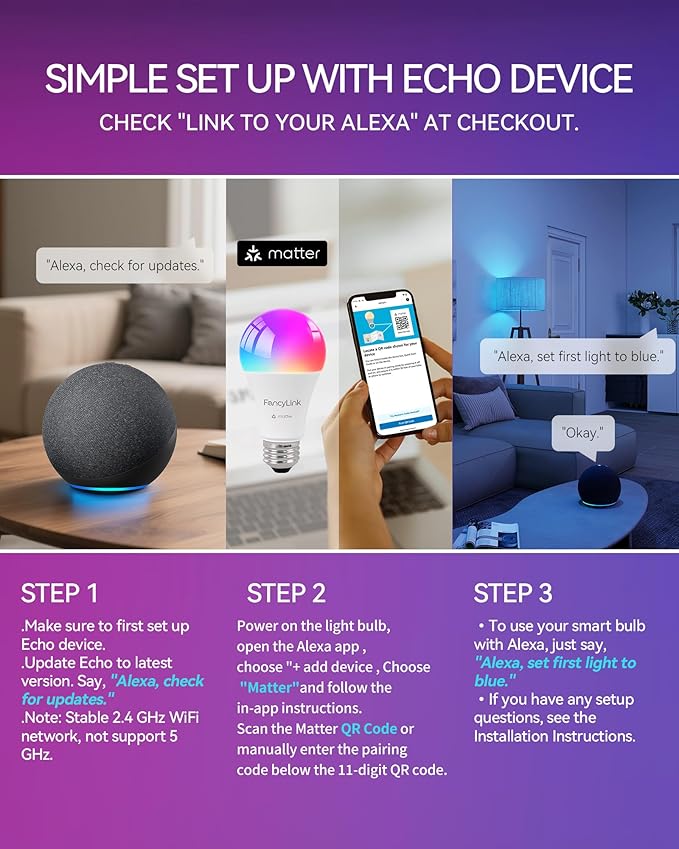 Matter Smart Light Bulbs, Color Changing Light Bulb, hub Required, A19 60W,2.4Ghz WiFi only,Compatible with Alexa Google Assistant, Apple Home,16 Million Colors RGBCW 800 Lumens,2 Packs