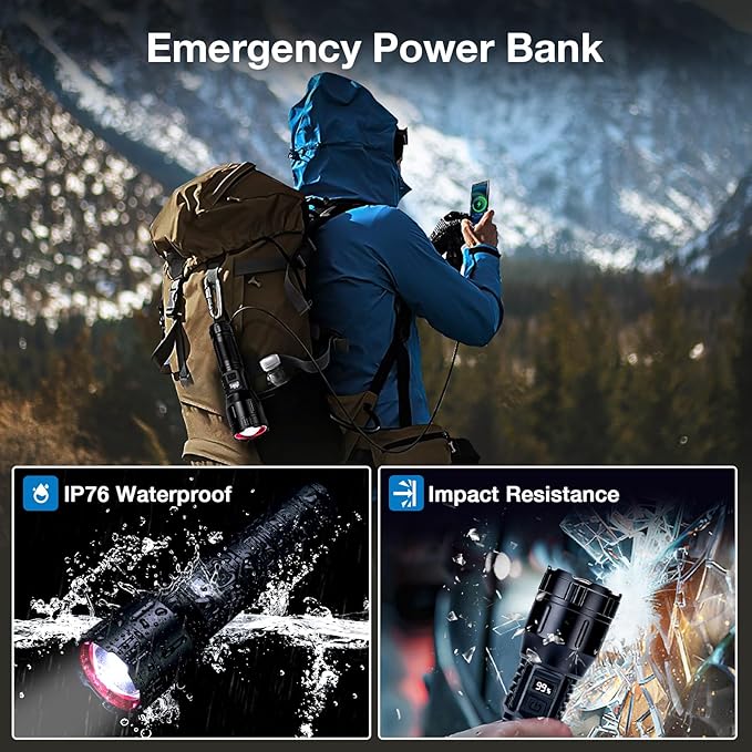 Flashlight High Lumens Rechargeable, 990,000 High Lumens Handheld Tactical LED Flashlights Battery Powered, Zoomable Super Bright Flash Light with 3 Modes, USB C, Waterproof for Emergency