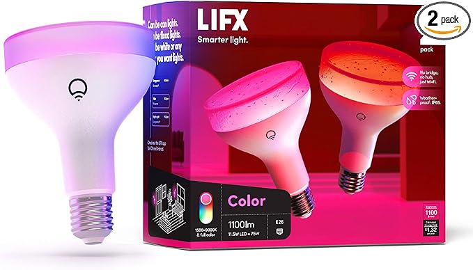 LIFX Color, 1100 lumens BR30 E26, 2.4GHz Wi-Fi Smart LED Light Bulb, Billions of Colors and Whites, No Bridge Required, Works with Alexa, Hey Google, HomeKit and Siri, Multicolor (Pack of 2)