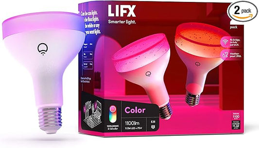 LIFX Color, 1100 lumens BR30 E26, 2.4GHz Wi-Fi Smart LED Light Bulb, Billions of Colors and Whites, No Bridge Required, Works with Alexa, Hey Google, HomeKit and Siri, Multicolor (Pack of 2)