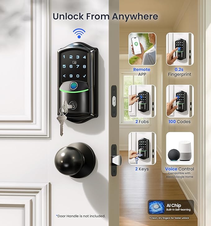 Veise VE027 Built-in Wi-Fi Smart Lock, Fingerprint Keyless Entry Front Door Lock, App Remote Control, No Hub Needed, Keypad Deadbolt with Long Battery Life, IP65 Waterproof, BHMA Grade 3, Matte Black