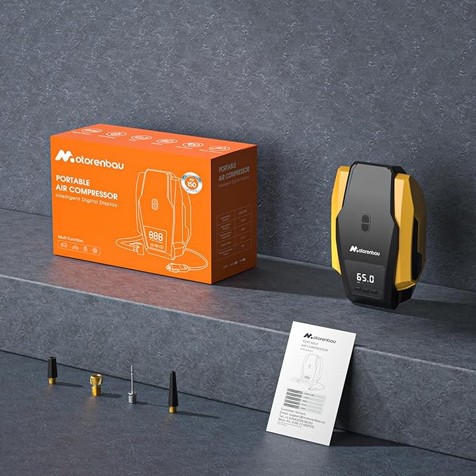 Tire Inflator Portable Air Compressor, 150PSI 12V DC Air Pump for Car Tires with LED Light, Auto Shutoff & Pressure Gauge, Tire Air Pump for Car,Motorcycle,Bicycle,Balls and Other Inflatables(Yellow)