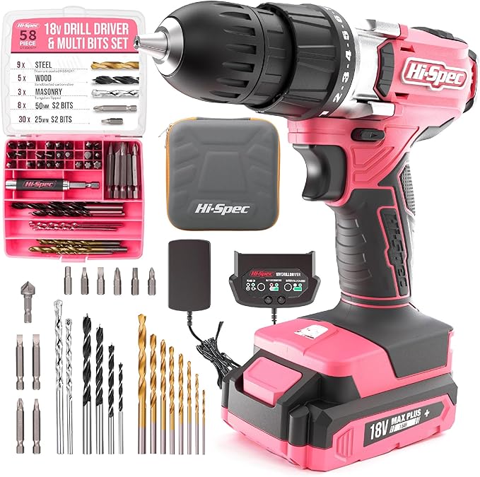 Hi-Spec 58pc 18V Pink Womens Cordless Electric Power Drill Driver and Screw Bit Set in a Portable Case for Wood, Plastics, Drywall and Light Metal Drilling