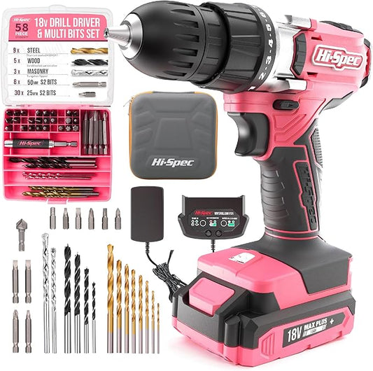 Hi-Spec 58pc 18V Pink Womens Cordless Electric Power Drill Driver and Screw Bit Set in a Portable Case for Wood, Plastics, Drywall and Light Metal Drilling