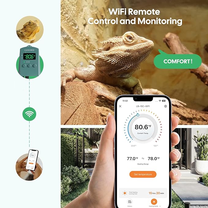 WiFi Digital Heat Mat Thermostat Controller, 32-113°F with Heating Cooling Mode, 365 Day Data Export, 1200W, High/Low Temp Alerts, Plug & Play for Reptile Seedling Brewing Breeding Greenhouse