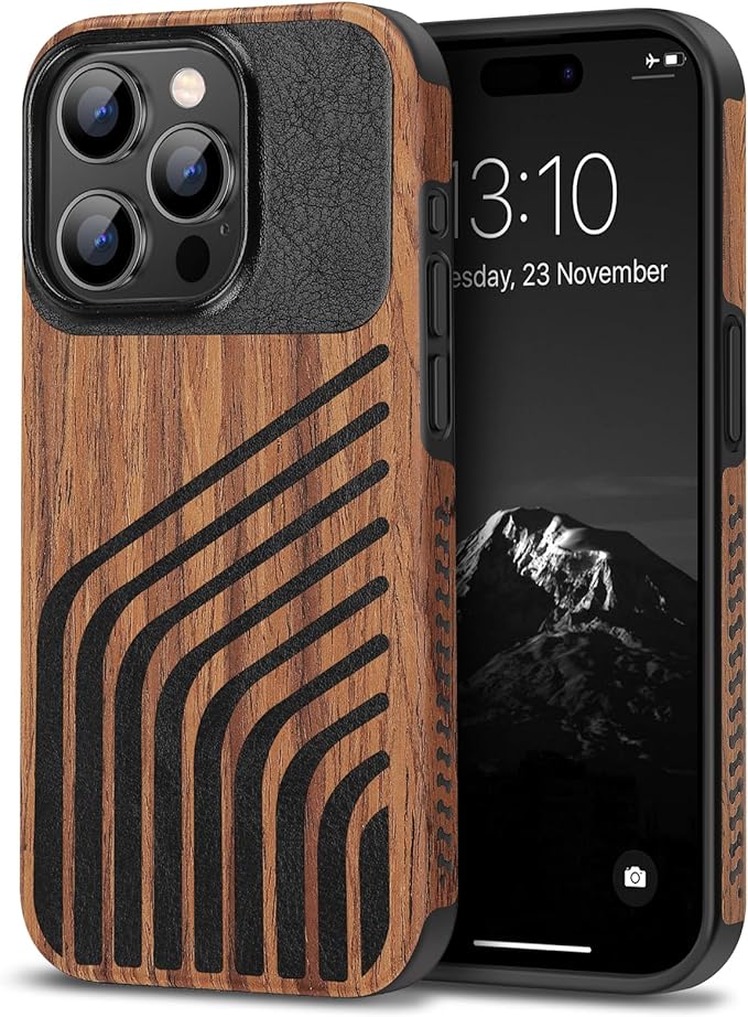 TENDLIN Compatible with iPhone 15 Pro Max Case Wood Grain with Carbon Fiber Texture Design Leather Hybrid Slim Case (Hairline)