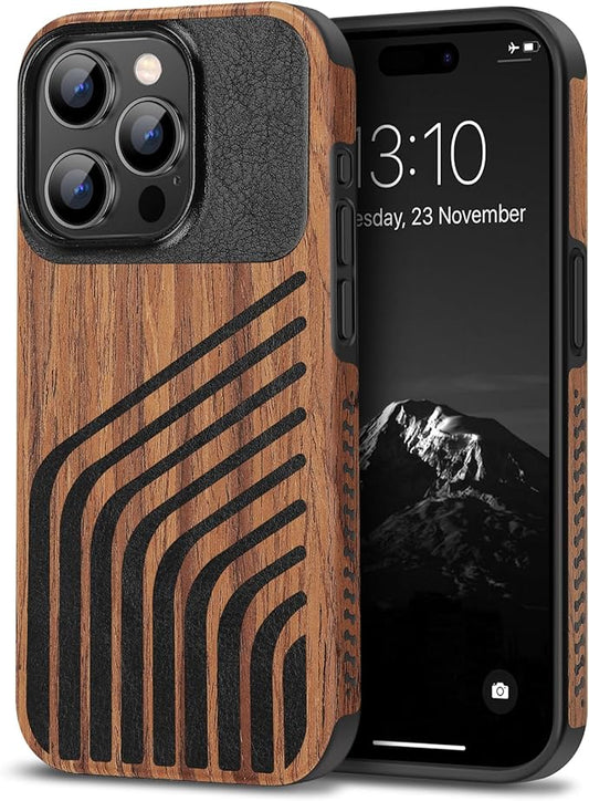 TENDLIN Compatible with iPhone 15 Pro Max Case Wood Grain with Carbon Fiber Texture Design Leather Hybrid Slim Case (Hairline)