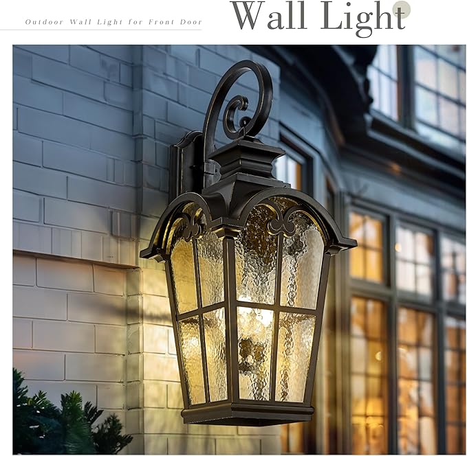 Emliviar 48 Inch Vintage Outdoor Light Wall Mount, 3-Light Extra Large Exterior Light Fixture for Porch with Water Glass Shade, Black Finish with Gold Edges, WE215B-XB BG