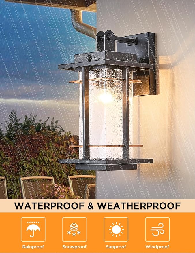 Motion Sensor Outdoor Wall Light Fixture Dusk to Dawn Exterior Wall Sconces Rustic Outdoor Wall Lamp with Seeded Glass Outside Coach Light for House Patio Garage Porch Wall Lights IP65