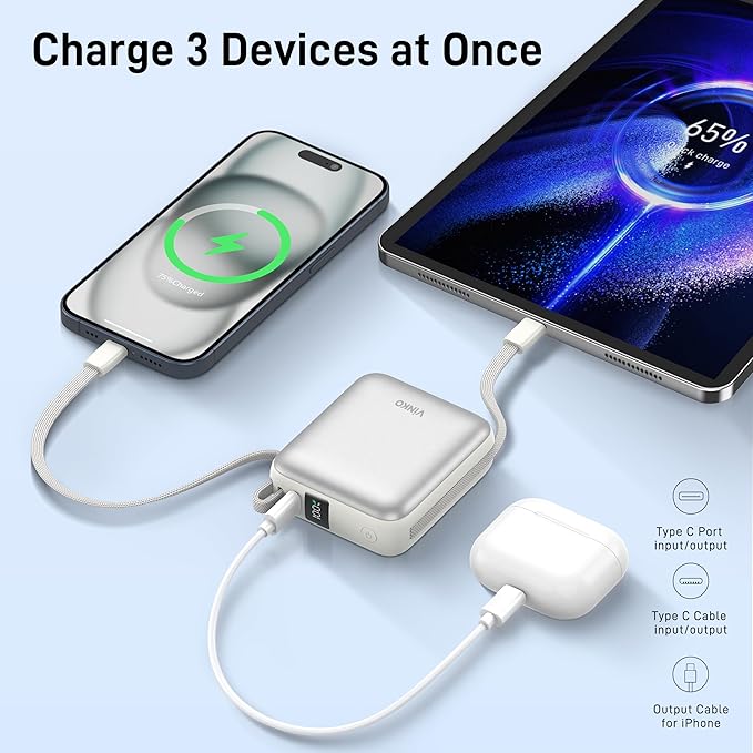VINKO Portable Charger Power Bank, 10000mAh Travel Essentials Battery Pack, 22.5W Fast Charging USB C Charging Bank Built-in Cables Cords Wires Compatible with iPhone,Samsung,Android(White)