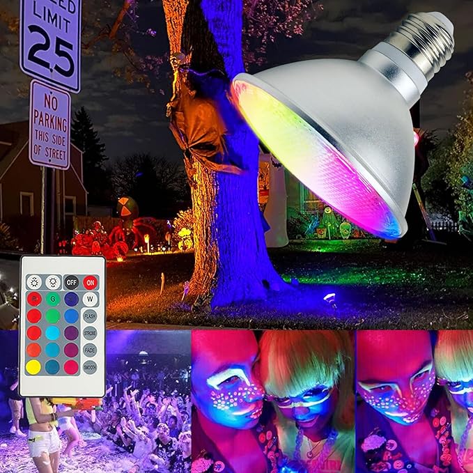 2Pack PAR30S LED Light Bulb, 30W RGB+Warm White LED Flood Light Indoor/Outdoor, Dimmable Color Changing Spotlight with Remote Control, Lawn Lamp for Home Courtyard Christmas Party Decoration