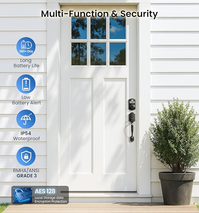 Veise Fingerprint Door Lock, Keyless Entry, Auto Lock, Electronic Keypad Deadbolt for Front Door, Biometric, Anti-Peeking Password, Easy Install, Matte Black