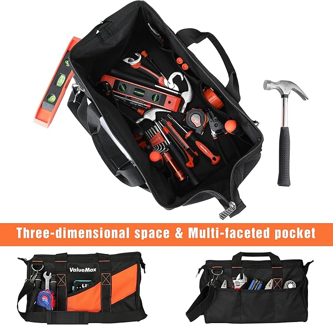 ValueMax 16-Inch Wide Mouth Tool Bag, Tool Organizer Tote Bag with Shoulder Strap, Heavy-duty Tool Storage Bag with 13 Pockets for HVAC, Plumber, Mechanic