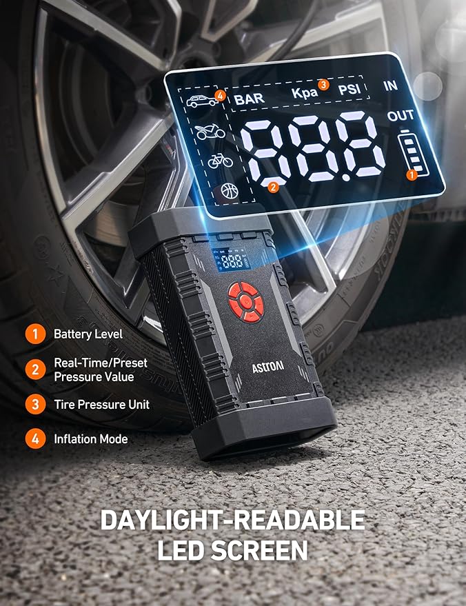 AstroAI A30 Jump Starter with Air Compressor, 4000A & 150PSI Portable Car Battery Jump Starter (10.0 Gas/8.0L Diesel) with Tire Inflator, 12V Battery Charger, 18W Quick Charge, Jumper Cables, Lights