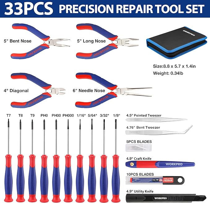 WORKPRO 33PCS Precision Repair Tool Set Includes Pliers Set, Screwdrivers Set, Craft & Utility Knife, Tweezers, Electronic Repair Tool Kit with Pouch for Laptops, Phones, Computer & Gaming Accessories