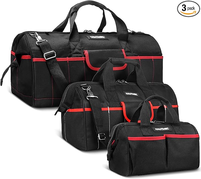 HAUTMEC 3 Piece Large Tool Bag Set, Heavy Duty 1680D Wide Mouth Tool Bags with Padded Shoulder Strap, Non-Slip Base, Double Zipper & Organiser Pockets – 12”, 18”, 24” Sizes – HT0297