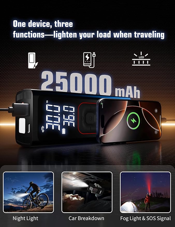 Tire Inflator Portable Air Compressor, 3X Faster 25000mAh 160 PSI Air Pump for Car Tires- Cordless, with Pressure Gauge, LED Light & Digital Display, for Car, Pickup, Truck, Motor, E-Bike and Bicycle