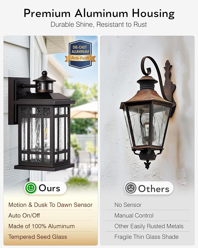 Motion Sensor Outdoor Wall Light, Oil Rubbed Bronze Dawn to Dusk Outdoor Light Fixture, Aluminium Anti-Rust Porch Lights Wall Mount, Outside Lights for House Garage Patio Entry Front Door