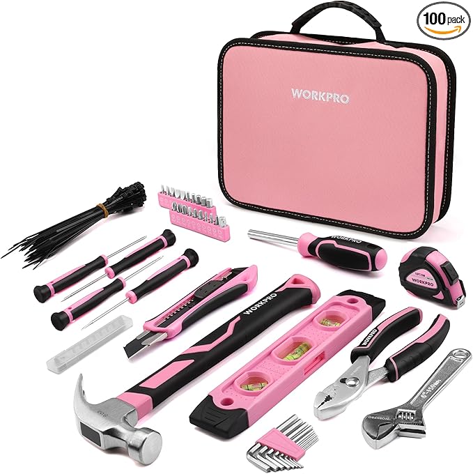 WORKPRO Pink Tool Set - 100 Pieces Pink Tool Kit with Easy Carrying Pouch, Household Tool Kit for Home, Apartment, Office, College, Perfect for DIY Projects, Home Maintenance - Pink Ribbon