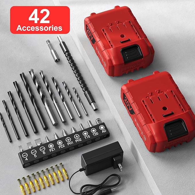 Cordless Drill, 20V Power Drill, Double 2000mAh Power Pack Electric Drills, Cordless Drills with Power Pack and Charger, 3/8" Keyless Chuck Screwdriver with 25+1 Max 370 In-lb Torque, 42Pcs Bits