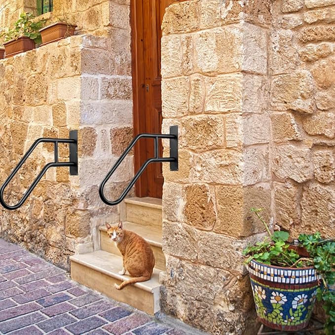 2 Pack Outdoor Handrail for 1-3 Step Stairs, 28.7” Wall Mount Stair Hand Railing Grab Bars Metal Stair Railing Handrails for Outdoor Steps, Garage, Porch, Garden, Indoor (Simple Bent Shape)