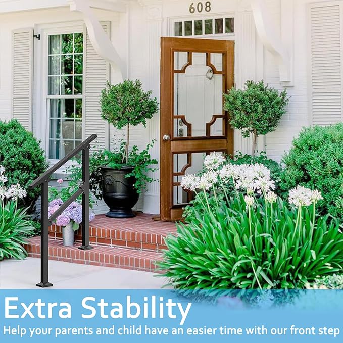 Outdoor Metal Handrails for Steps – Exterior Stair Railing for Concrete Steps, Porch, Adjustable, Easy to Install, 2 Step