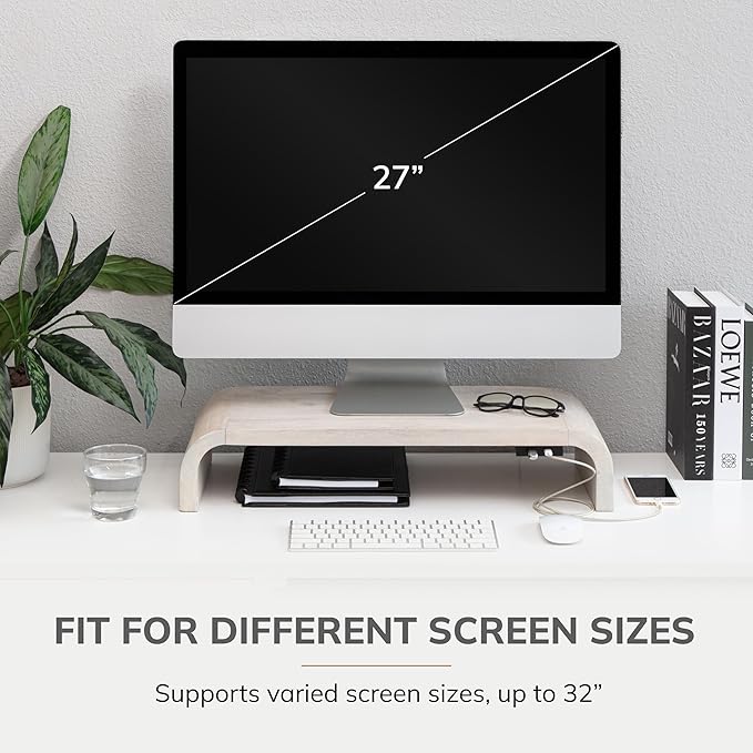 Anji Mountain Wood Monitor Stand Riser Desk Desktop Organizer Table for Home, Office Workspace, Laptop Riser, Ergonomic Design Stand for Gaming Setup, with Power Source, White Wash