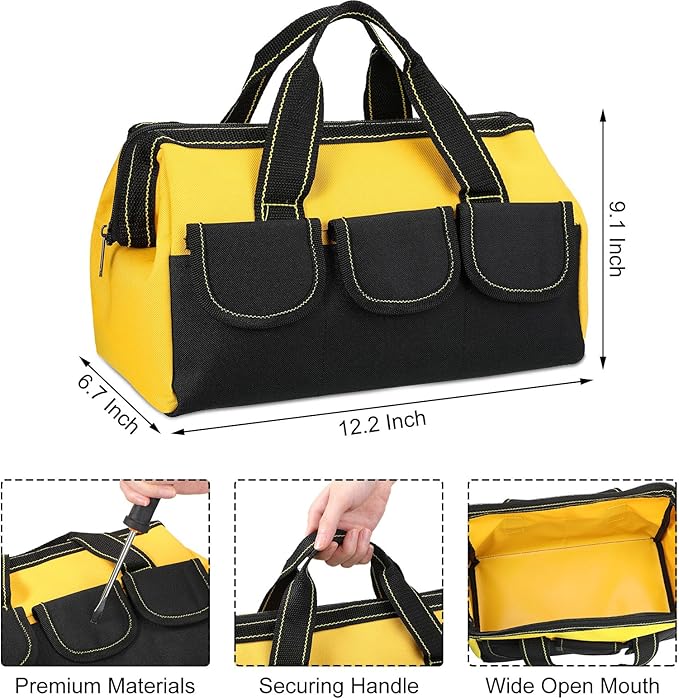 Silkfly 6 Pcs Tool Bag for Men Women Heavy Duty Tool Tote with Waterproof Hard Bottom Multi Pockets Large Mouth Organizer for Various Worker Electrician Carpenter Mechanic(Yellow,13 Inch)