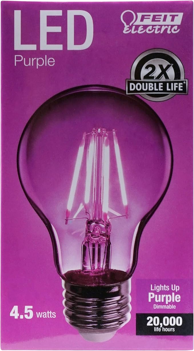 Feit Electric A19/TP/LED/6 25W Equivalent Dimmable Clear Glass Filament Colored LED Light Bulbs, Purple, 6-Pack, 2.3" D x 4"