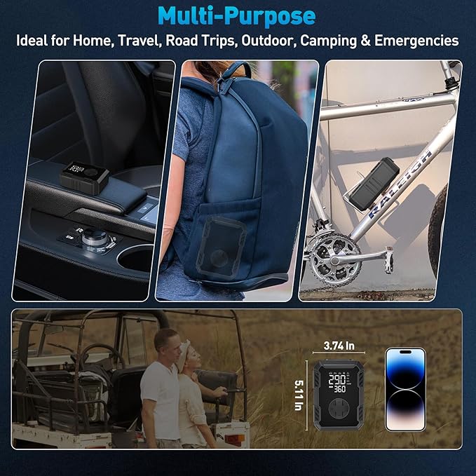 Tire Inflator Portable Air Compressor – Wireless & 12V Dual Power, Auto Shut-Off, Digital Display, Fast Inflation & LED Light, for Car, Bike, Sports & Travel