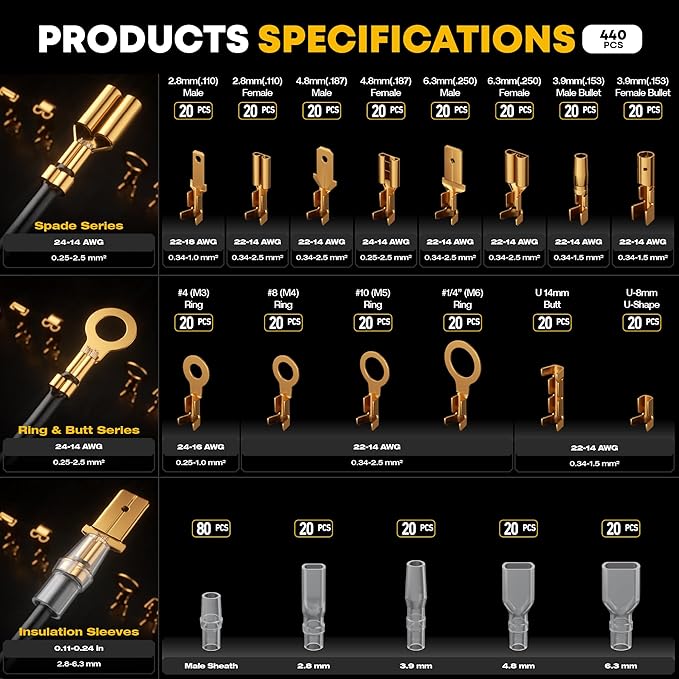 Spade Connector Kit, 14 Types Wire Connector Kit with Crimping Tool for 24-14 AWG Spade Connector Crimper, Open Terminal Connector Crimping Tool, Wire Terminal Crimper, Quick Connect Terminal