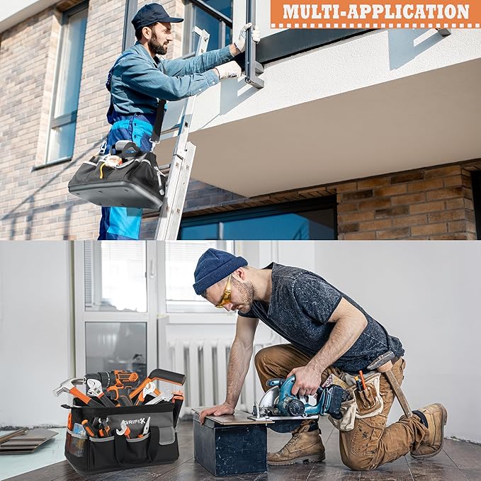 16-inch Tool Bag, Portable Tool Box Organizer Storage, Wide Mouth Tool Tote Bag with Large Zipper, 17-Pocket Adjustable Shoulder Strap and Ergonomic Handle (16" Molded Base)