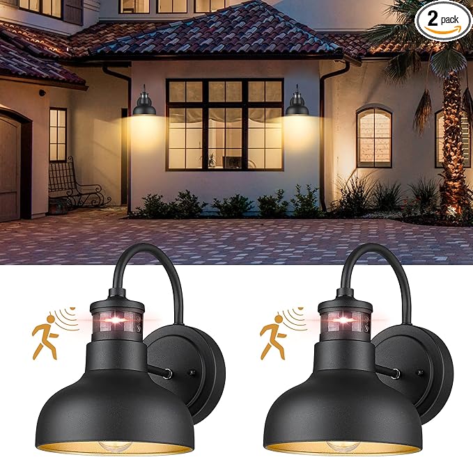 2Pack 7” Motion Sensor Outdoor Wall Light, Outdoor Light Fixture Dusk to Dawn E26 Base Socket, IP65 Waterproof Outside Porch Lights for Garage, Porch, 2210SBK(G)-2