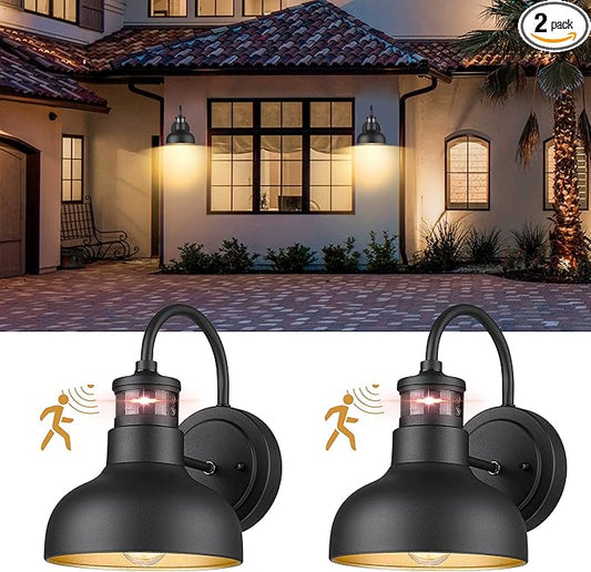 2Pack 7” Motion Sensor Outdoor Wall Light, Outdoor Light Fixture Dusk to Dawn E26 Base Socket, IP65 Waterproof Outside Porch Lights for Garage, Porch, 2210SBK(G)-2