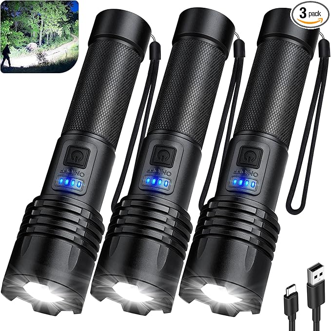 3 Pack Rechargeable Flashlights 90,000 High Lumens, Super Bright LED Flash Light with 3 Light Modes, High Power Flashlight with Charging Cables, IPX7 Waterproof for Camping, Outdoor, Home