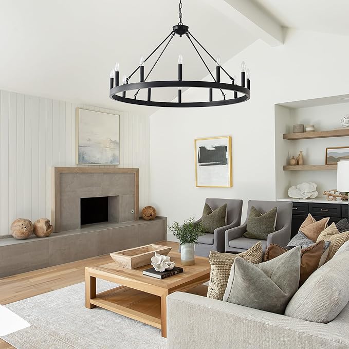 40 Inch Black Farmhouse Wagon Wheel Chandelier,12-Light Round Industrial Pendant Light fixtures for Outdoor Porch high Ceilings Living Dining Room Foyer Entryway